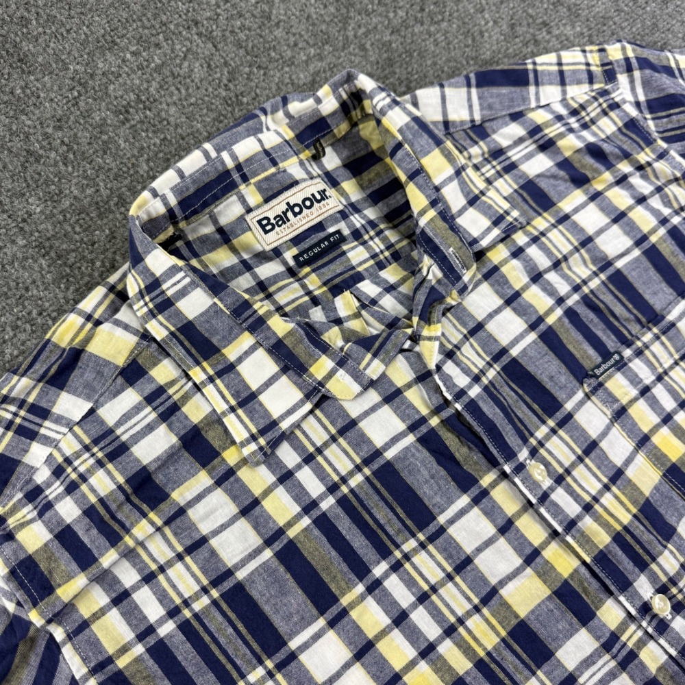 Barbour Button Down Shirt XL Navy Yellow Plaid Linen Blend Mens